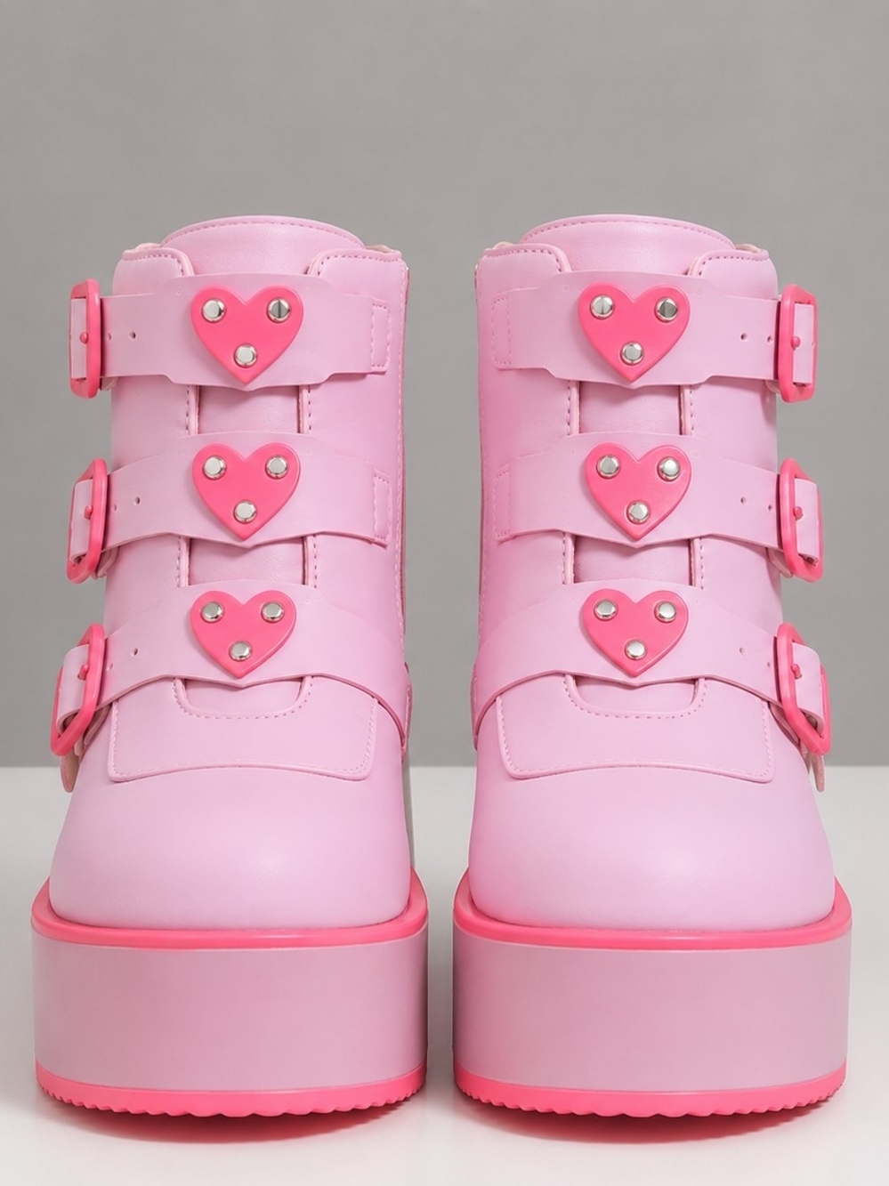 Pink Platform Ankle Boots Womens Size 7 Heart Buckle Goth Kawaii Chunky Zip